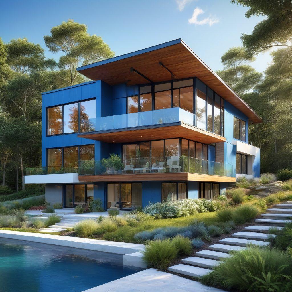 A serene landscape featuring a modern, eco-friendly home surrounded by nature, showcasing custom architectural designs with large windows and solar panels. Include a blueprint overlay with detailed house plan sketches, lush greenery, and a bright blue sky. Captivate the viewer with a sense of harmony between the home and the environment. super-realistic. vibrant colors. 3D.