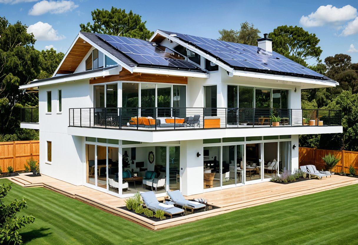 A modern, energy-efficient home cross-section showcasing various innovative layouts, including solar panels, open living spaces, and green gardens. Include a blueprint overlay highlighting key features like air circulation systems and smart home technology. Use a bright, optimistic color palette to represent sustainability and future living. super-realistic. vibrant colors. white background.