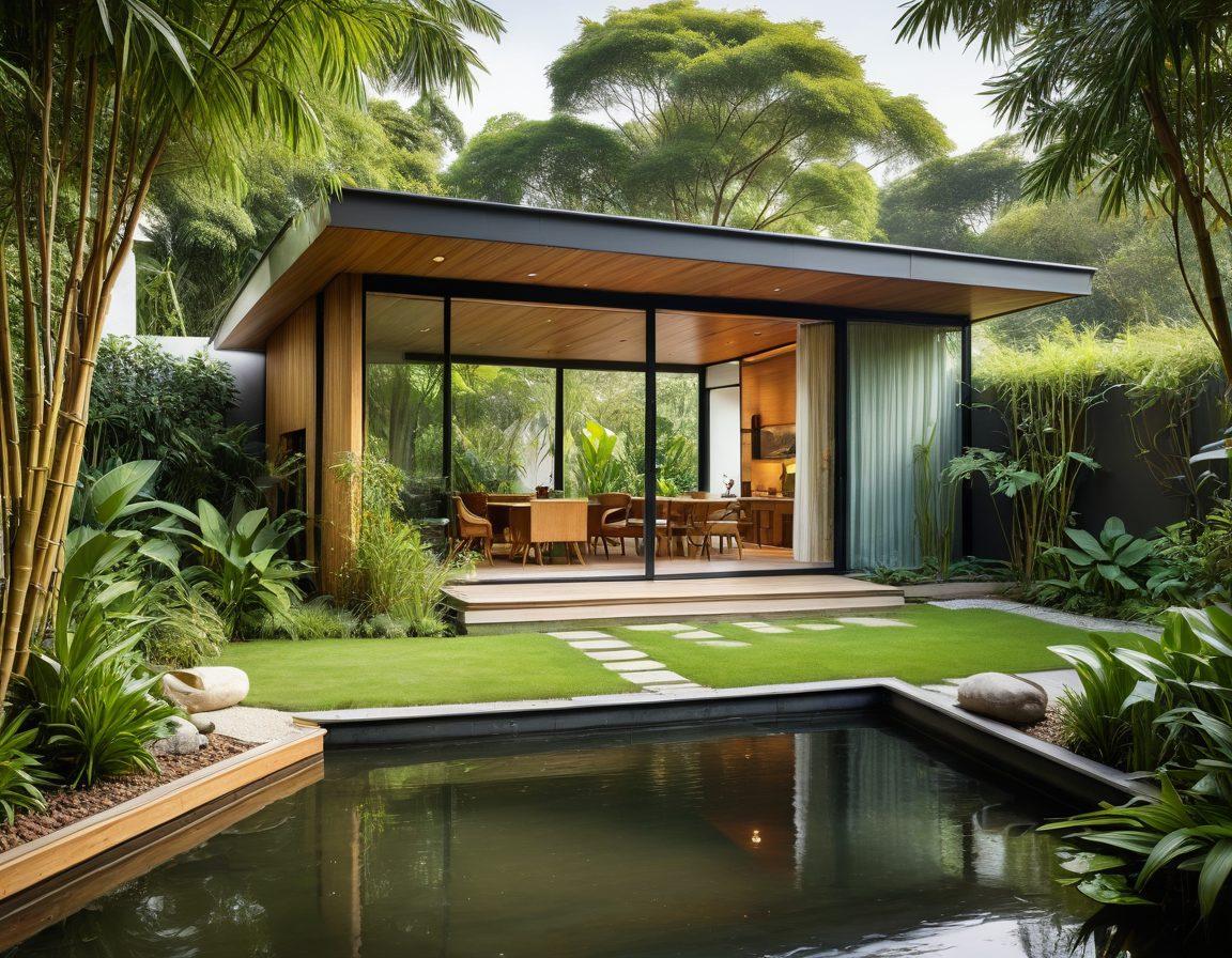 A peaceful modern house surrounded by lush greenery, integrating solar panels and rainwater harvesting systems. Large windows showcase a minimalist interior with bamboo furniture and potted plants. In the foreground, a serene garden with a small pond reflects the house, symbolizing harmony with nature. Soft, natural lighting enhances the tranquility of the scene. super-realistic. vibrant colors. nature-inspired.